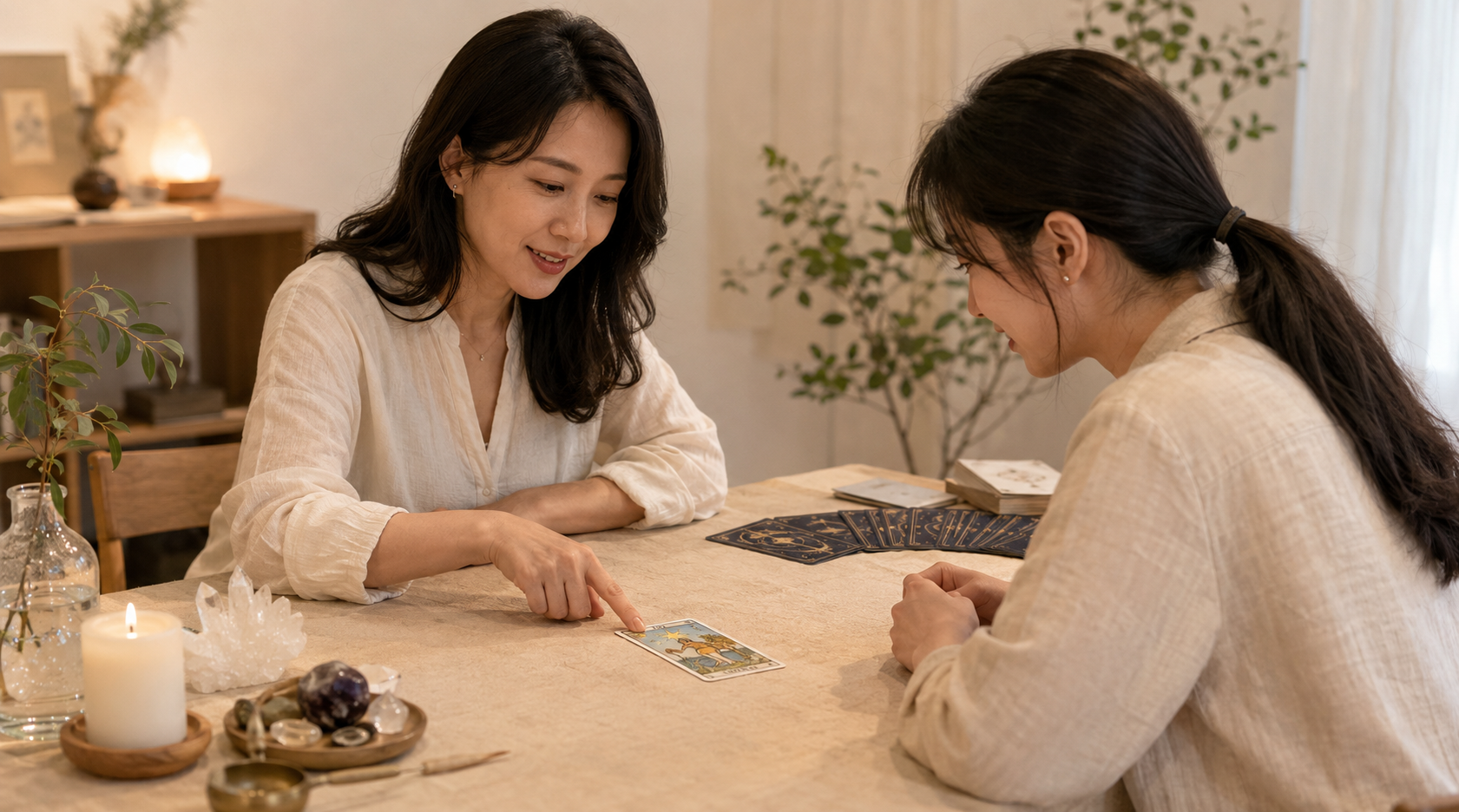 老師與學員桌邊共看一張牌，兩人皆入鏡